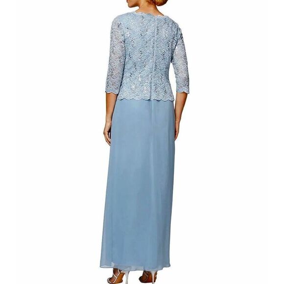 Alex Evenings 3/4 Sleeve Sequined Lace Scalloped Bodice Chiffon Skirted Gown - Picture 3 of 10